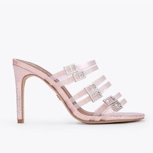 NEW Kurt Geiger London Pierra Vinyl Strap Embellished Buckle Dress Sandals pink